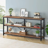 Long low shelf with three open tiers for hallway storage
