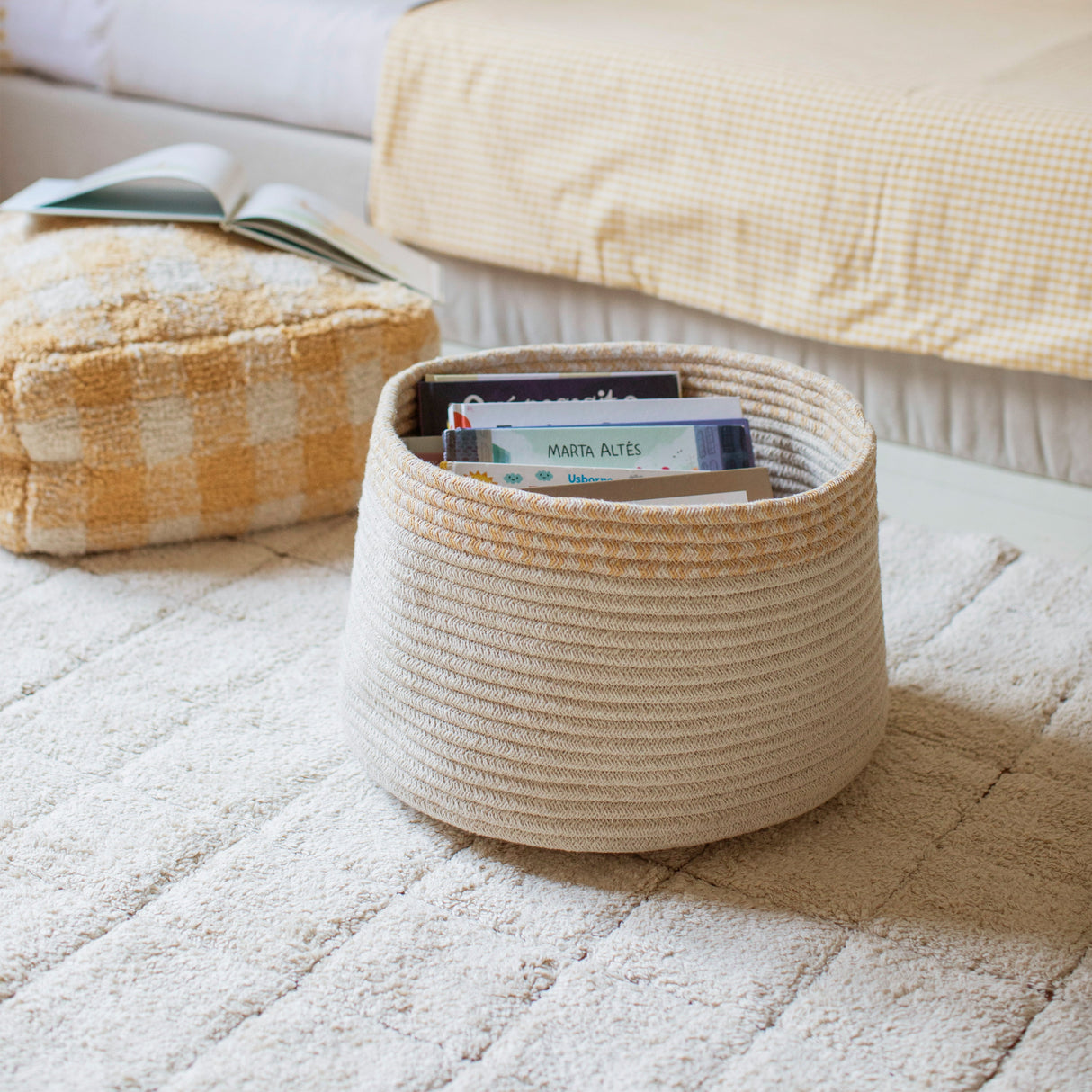 Handwoven Eco-Friendly Braided Cotton PET Storage Basket Round Honey/Toffee