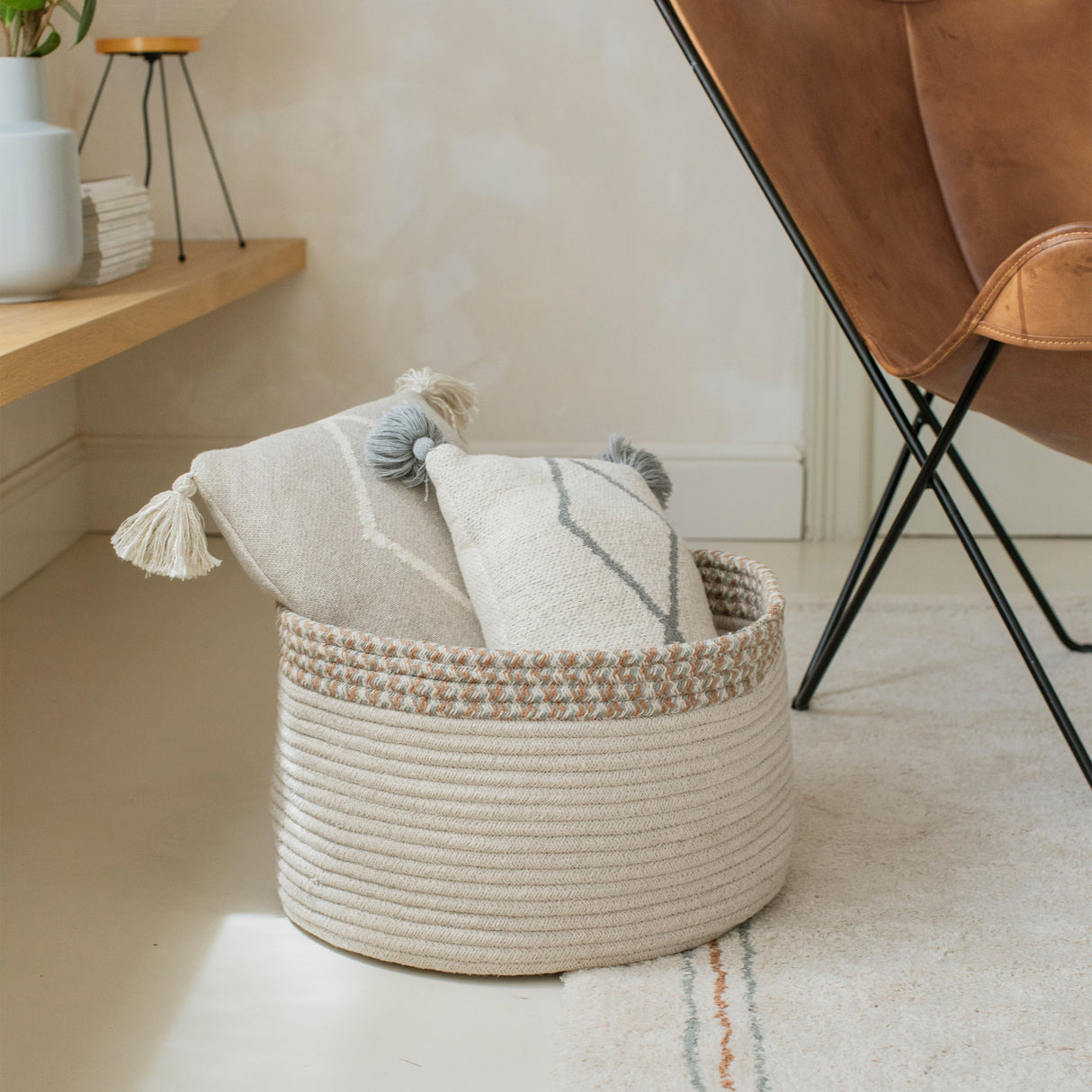 Handwoven Eco-Friendly Braided Cotton PET Storage Basket Round Honey/Toffee