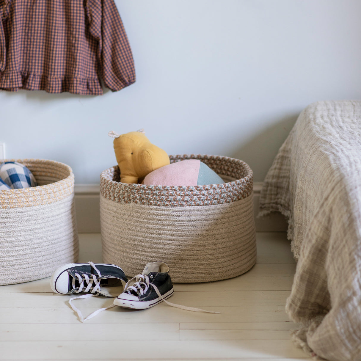 Handwoven Eco-Friendly Braided Cotton PET Storage Basket Round Honey/Toffee