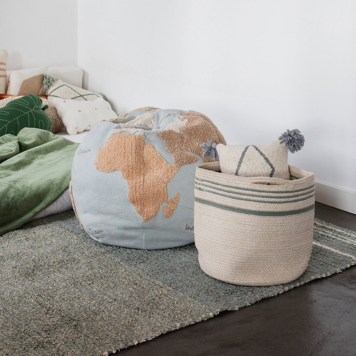 Handmade Cotton Twin Storage Basket with Handles, Reversible Stripes