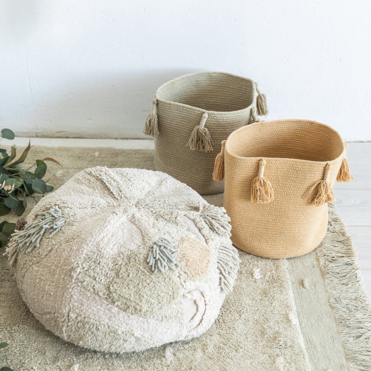 Handmade Cotton Woody Storage Basket with Tassels, Eco-Friendly Organizer