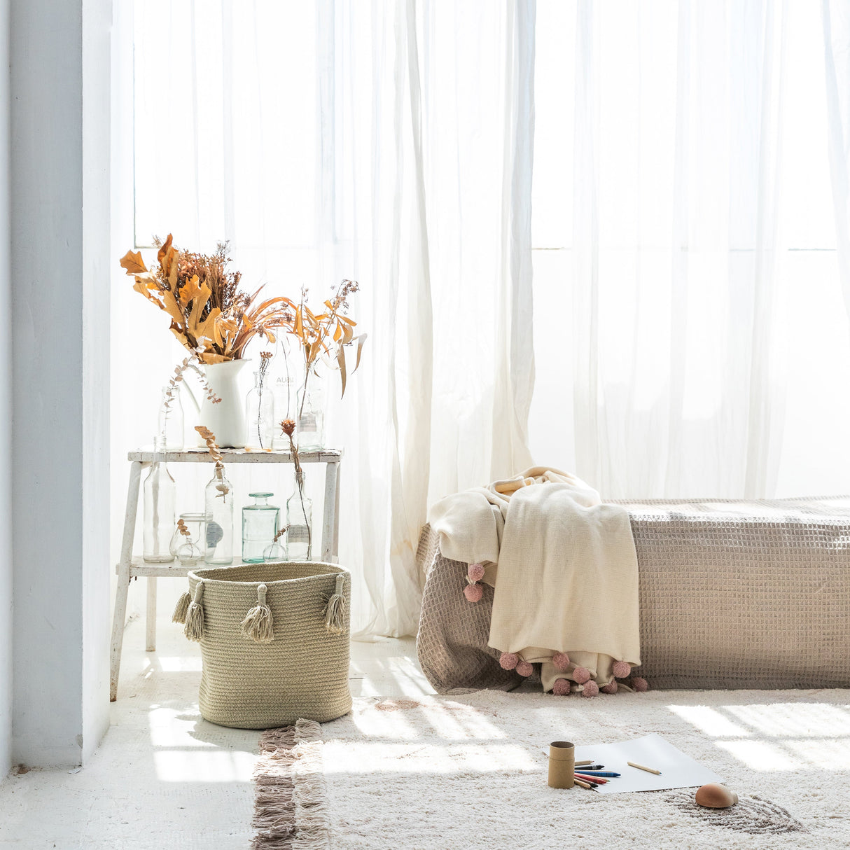 Handmade Cotton Woody Storage Basket with Tassels, Eco-Friendly Organizer