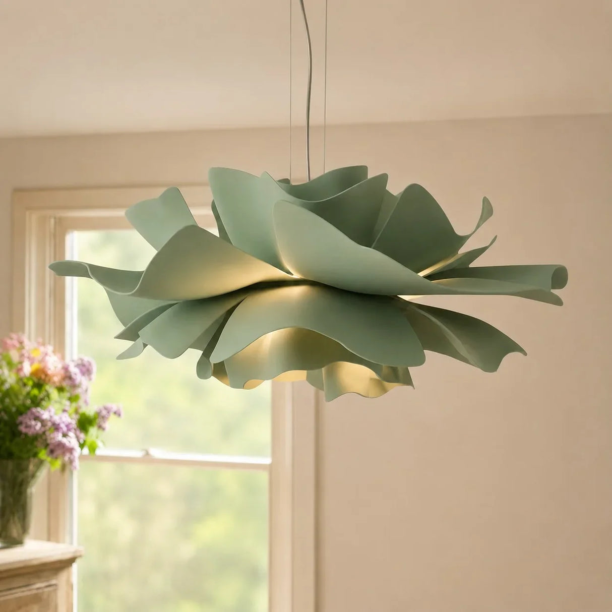 Sage green lotus pendant light unlit by a window with lilac flowers
