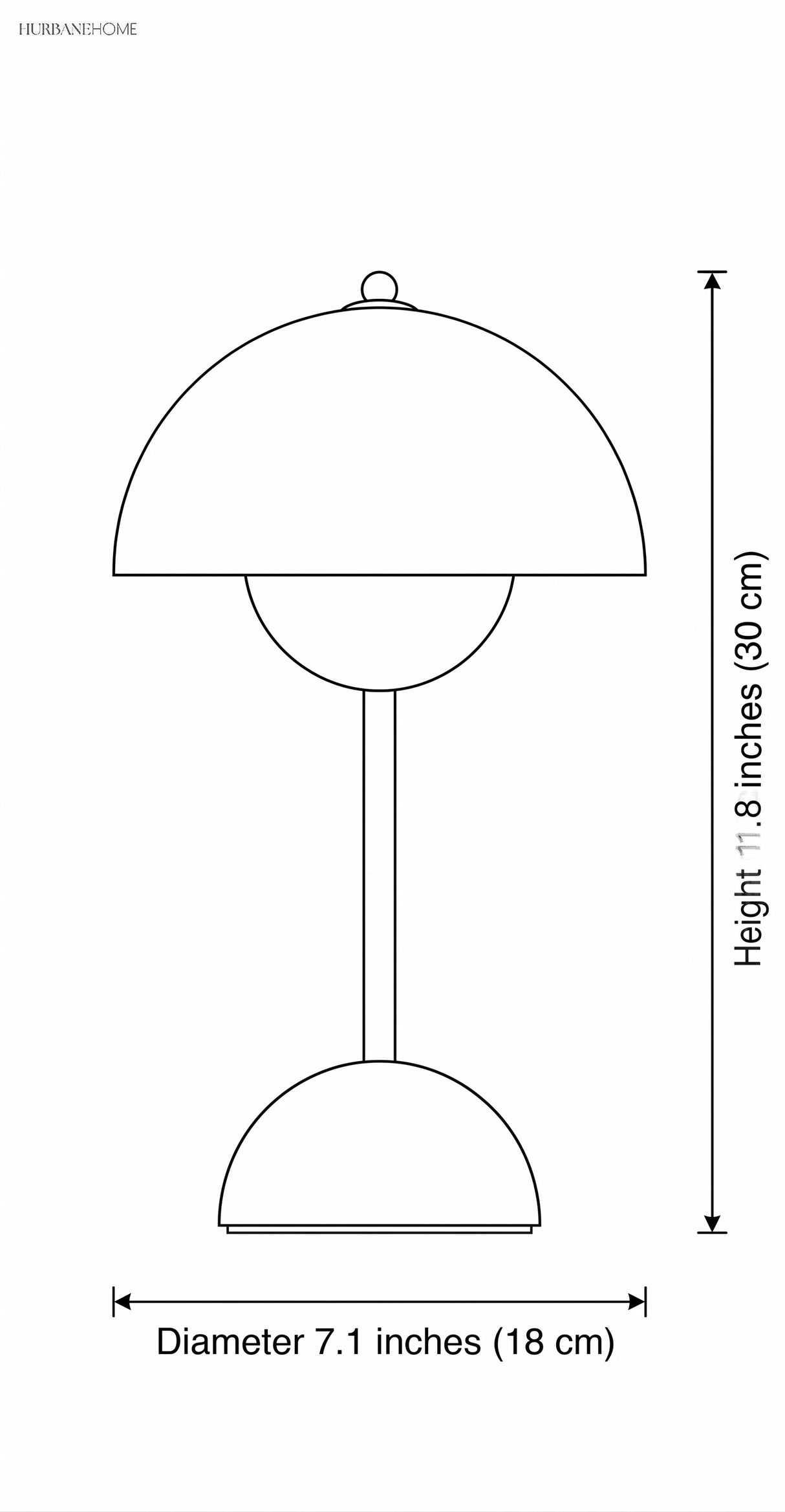 Dimension diagram: chrome table lamp, height 11.8 inches, diameter 7.1 inches