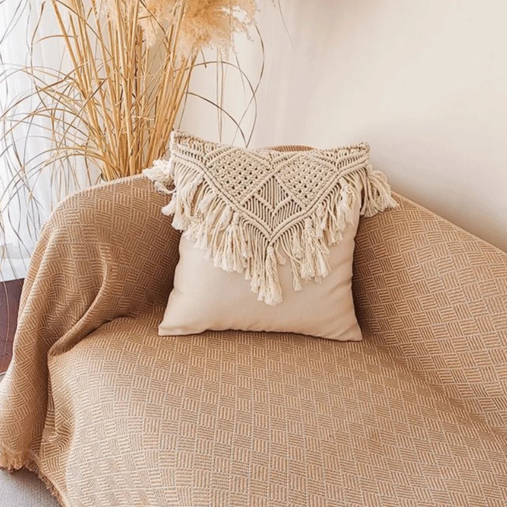 Macrame Pillow Cover - Boho Chic Decor with Fringe for Home Aesthetic - Boho Pillow Cover - Hurbane Home