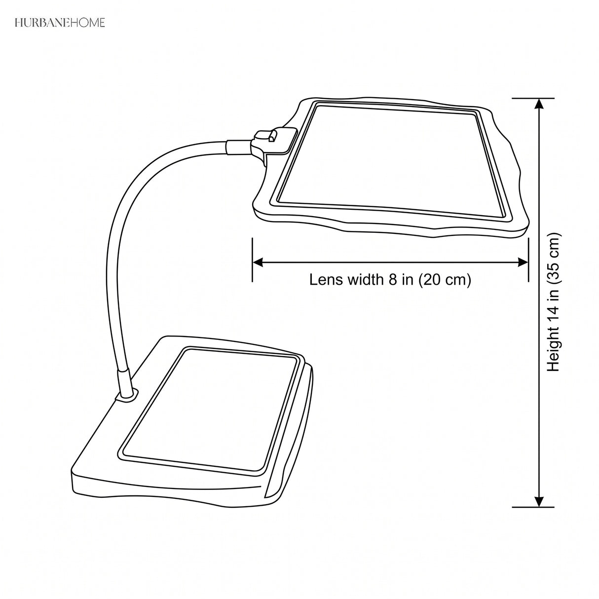 Line drawing showing lens width 8 inch and overall height 14 inch
