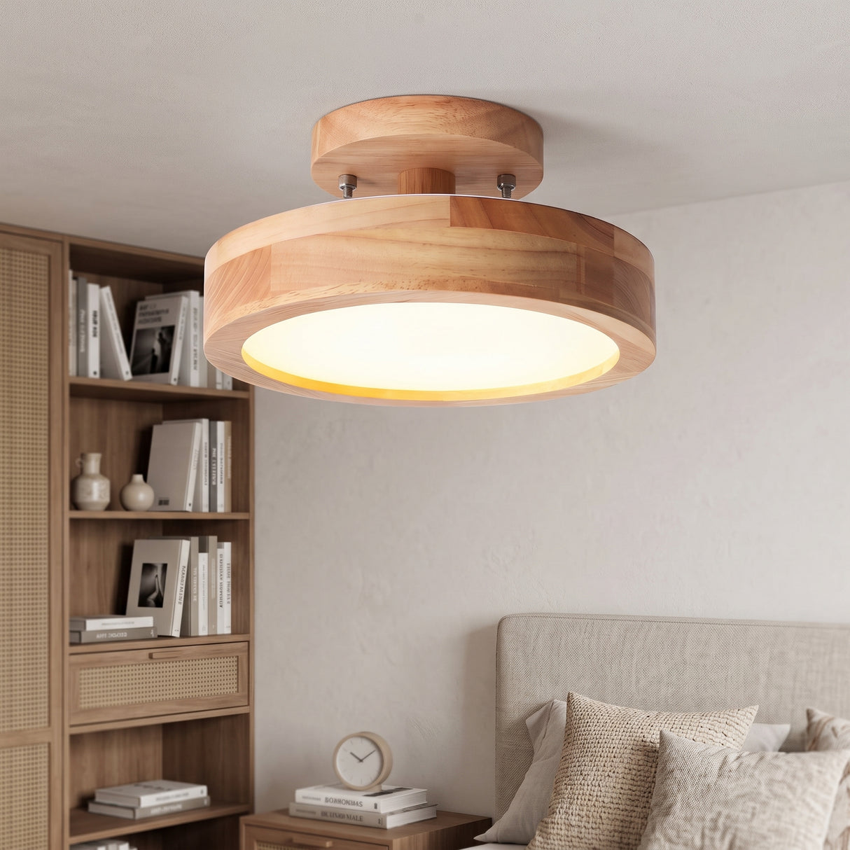 Natural wood round flush mount LED ceiling light above a bed near a rattan bookshelf