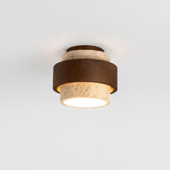 Tiered travertine and walnut cylindrical flush mount ceiling light on a white background