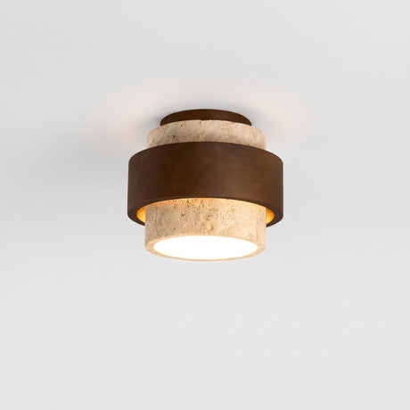 Tiered travertine and walnut cylindrical flush mount ceiling light on a white background