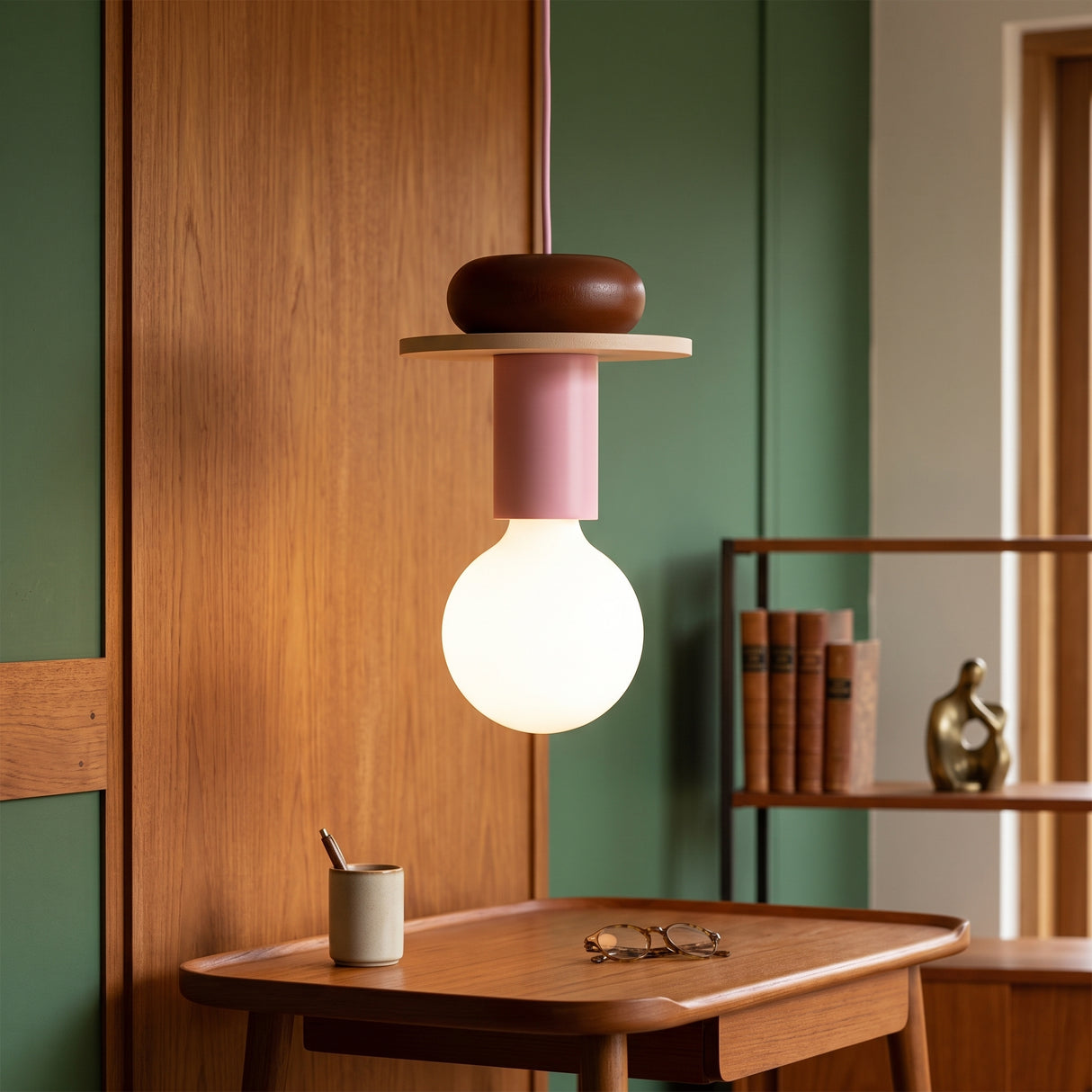 Multicolor geometric wood pendant light with pink socket and globe bulb over a mid-century desk