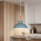 Blue metal dome pendant light with wood accent and copper stem in a modern kitchen