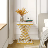 marble 2 tier side table with gold legs in modern bedroom