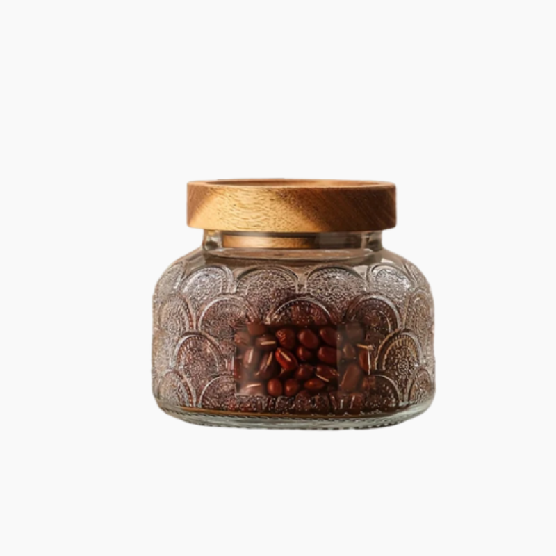 Medium glass jar for food storage with airtight wooden lid
