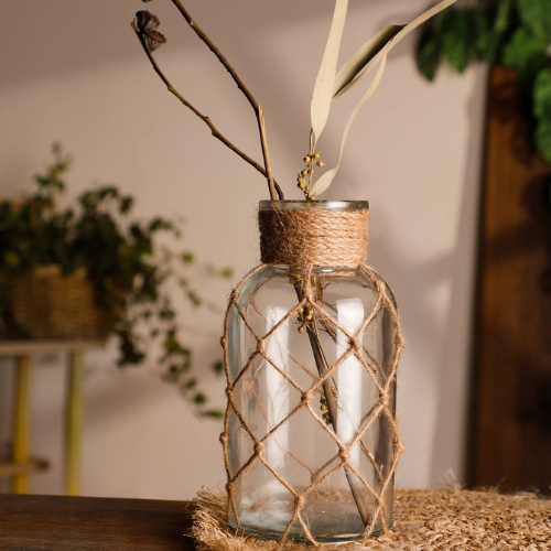 Hand-Woven Hemp Rope Glass Vase for Dry Flowers Boho Nordic