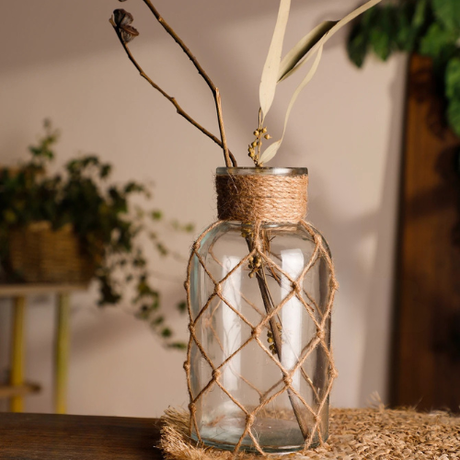 Hand-Woven Hemp Rope Glass Vase for Dry Flowers Boho Nordic