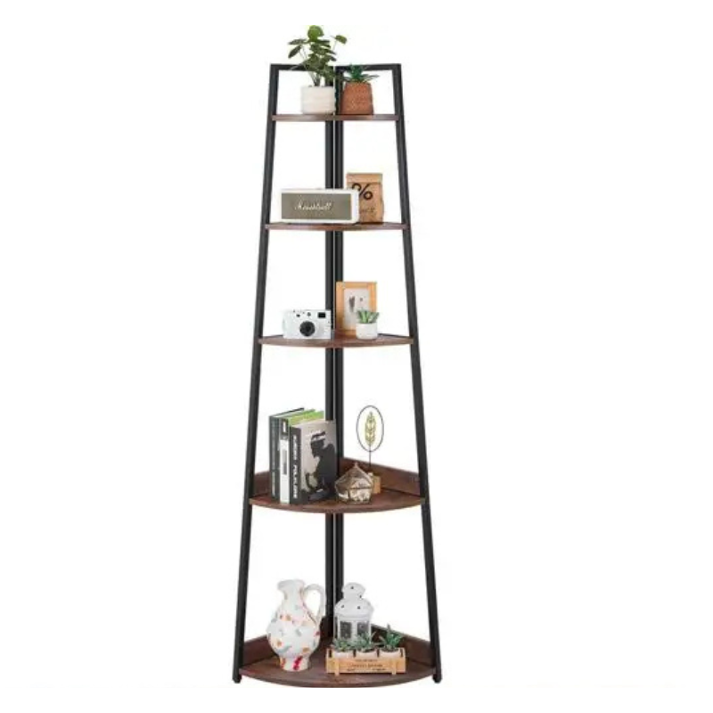 Metal corner bookshelf styled with plants and décor