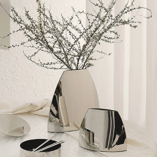 Metal Flower Vase - Minimalist Arc Shaped Silver Tabletop Sculpture - Hurbane Home