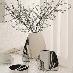 Metal Flower Vase - Minimalist Arc Shaped Silver Tabletop Sculpture - Hurbane Home