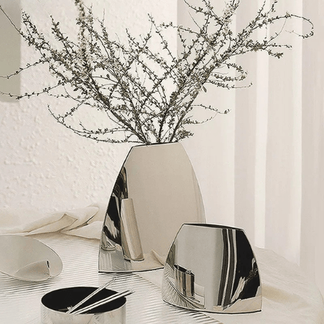 Metal Flower Vase - Minimalist Arc Shaped Silver Tabletop Sculpture - Hurbane Home