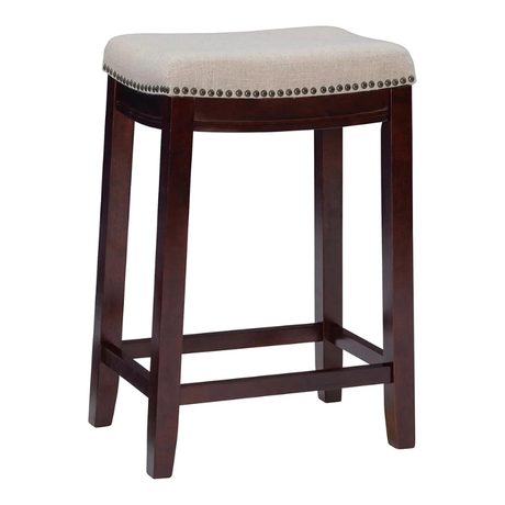 Metal sitting stool with padded beige seat and walnut backrest