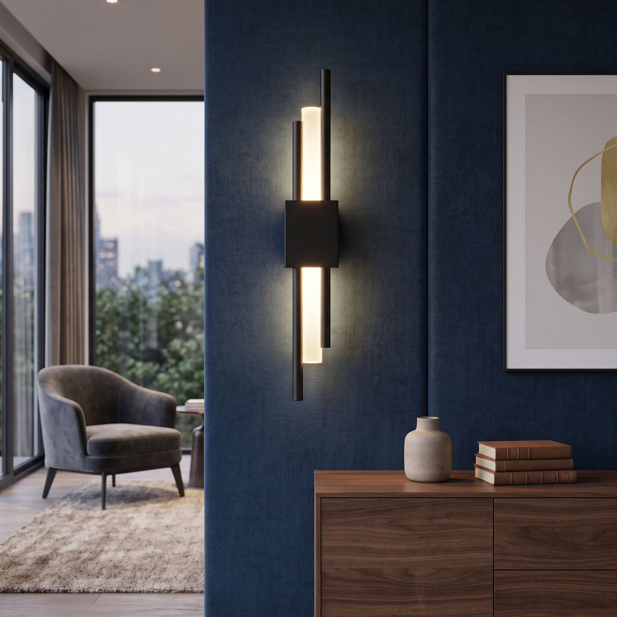 Black linear twin bar wall sconce lit on a deep blue wall