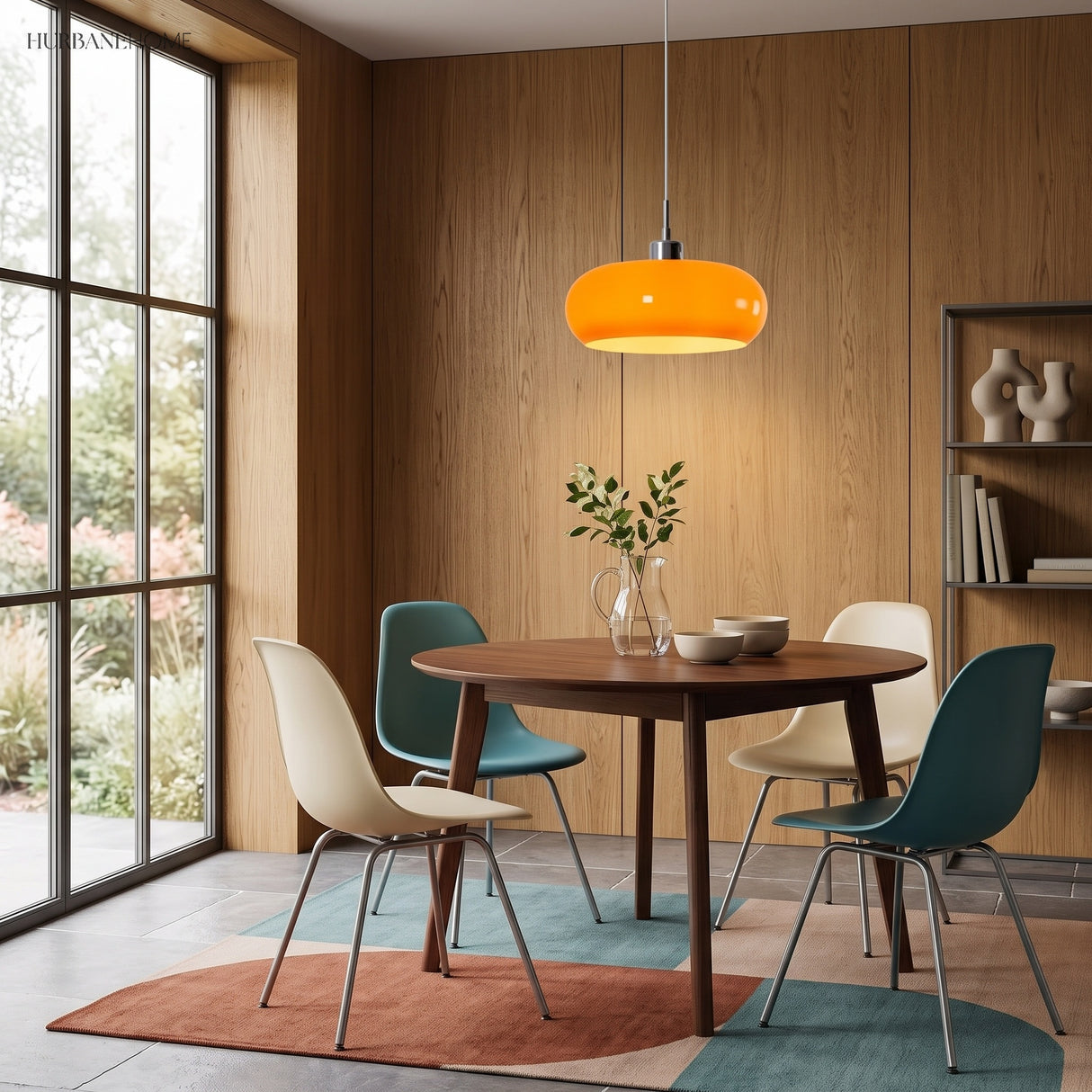 Orange glass pendant light above a round dining table with blue chairs