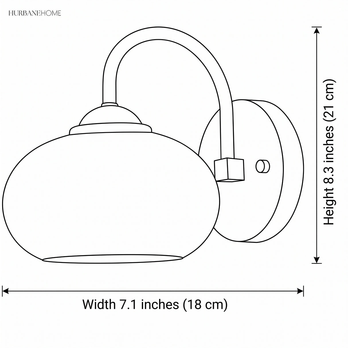 Line drawing sizing the sconce at 7.1 inch width and 8.3 inch height
