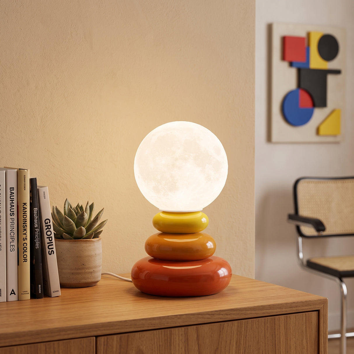 Orange stacked table lamp with a white glass globe on a wood sideboard