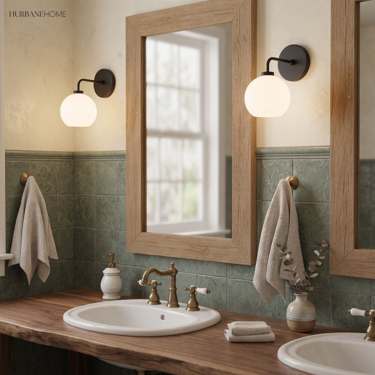Two black sconces either side of a mirror above a double timber vanity