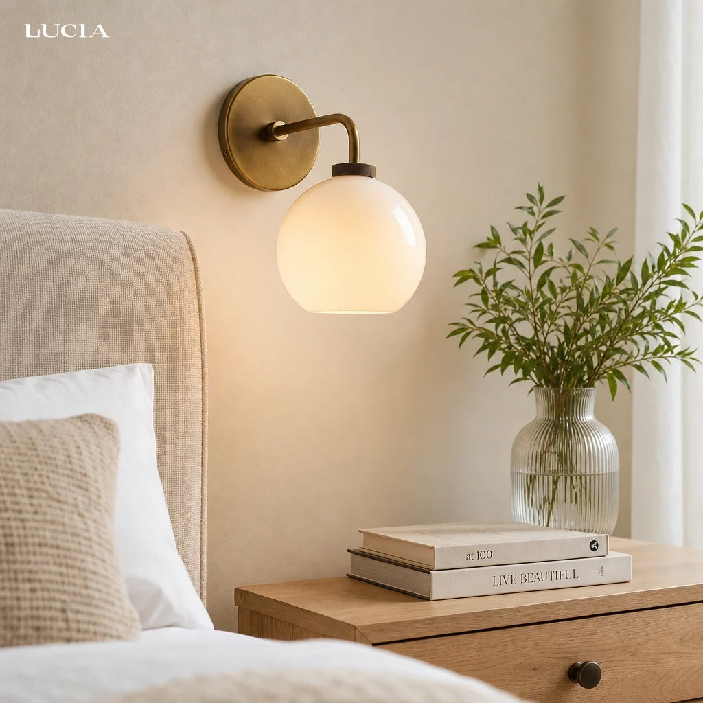 Milk glass globe wall sconce on metal arm close detail view 8