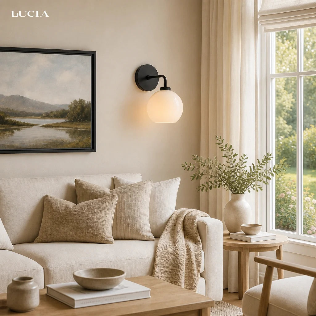 Milk glass globe wall sconce on metal arm colour option view 9