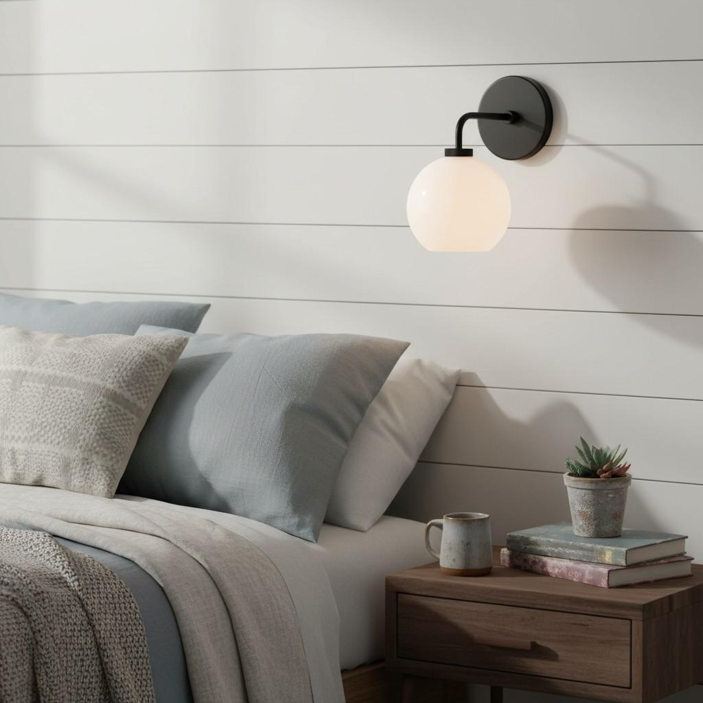Milk glass globe wall sconce on metal arm further product image 10