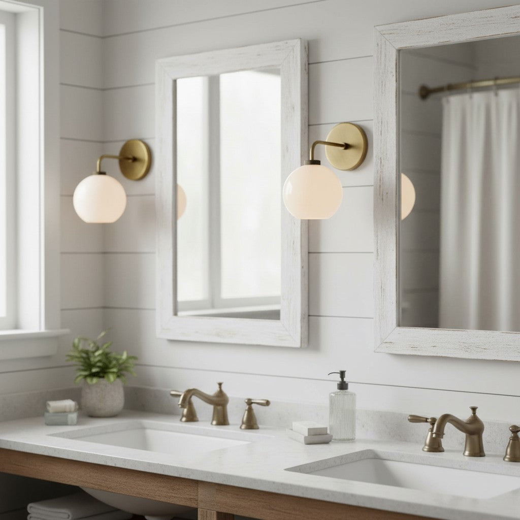 Milk glass globe wall sconce on metal arm close detail view 14
