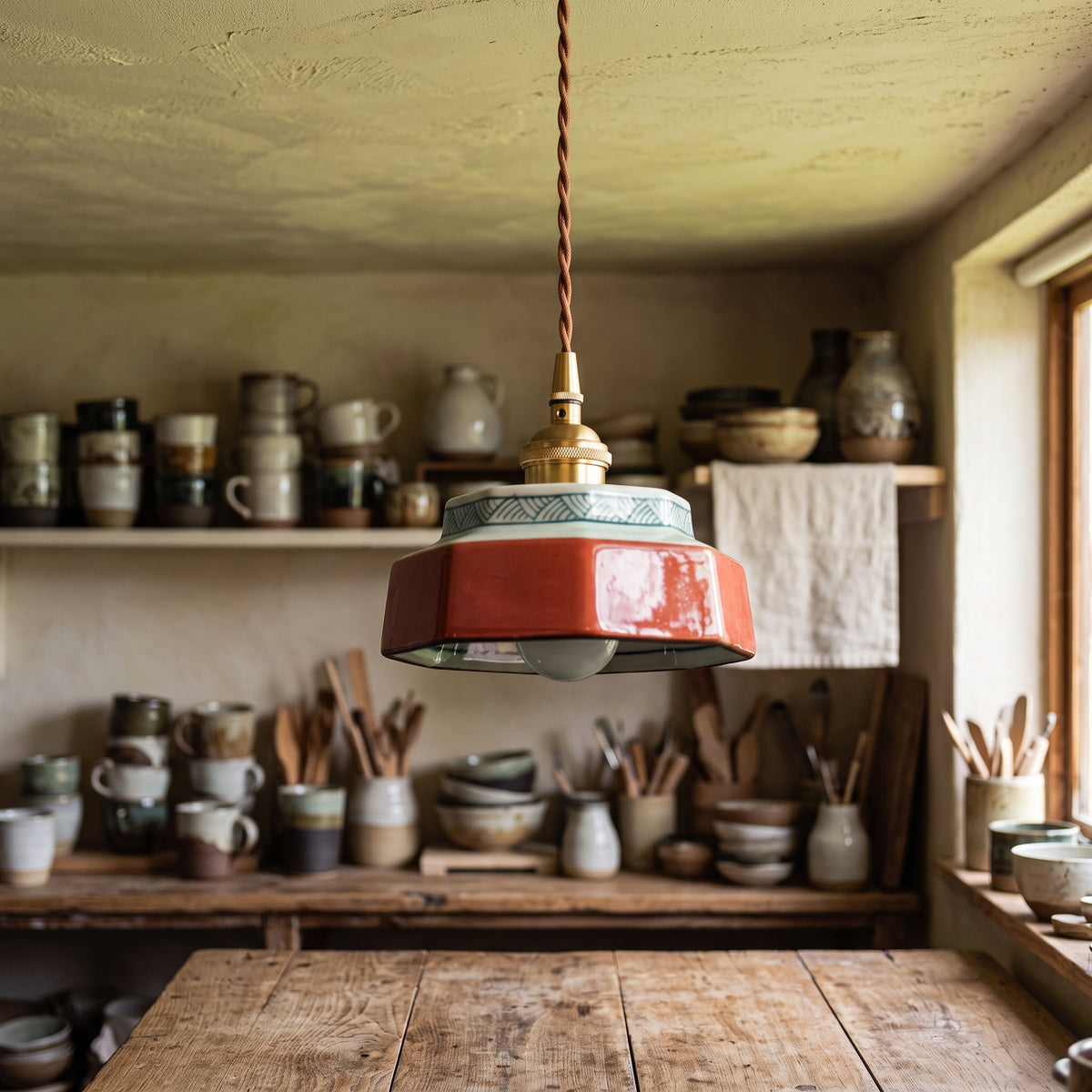 Terracotta stepped ceramic pendant lit above a pottery workbench