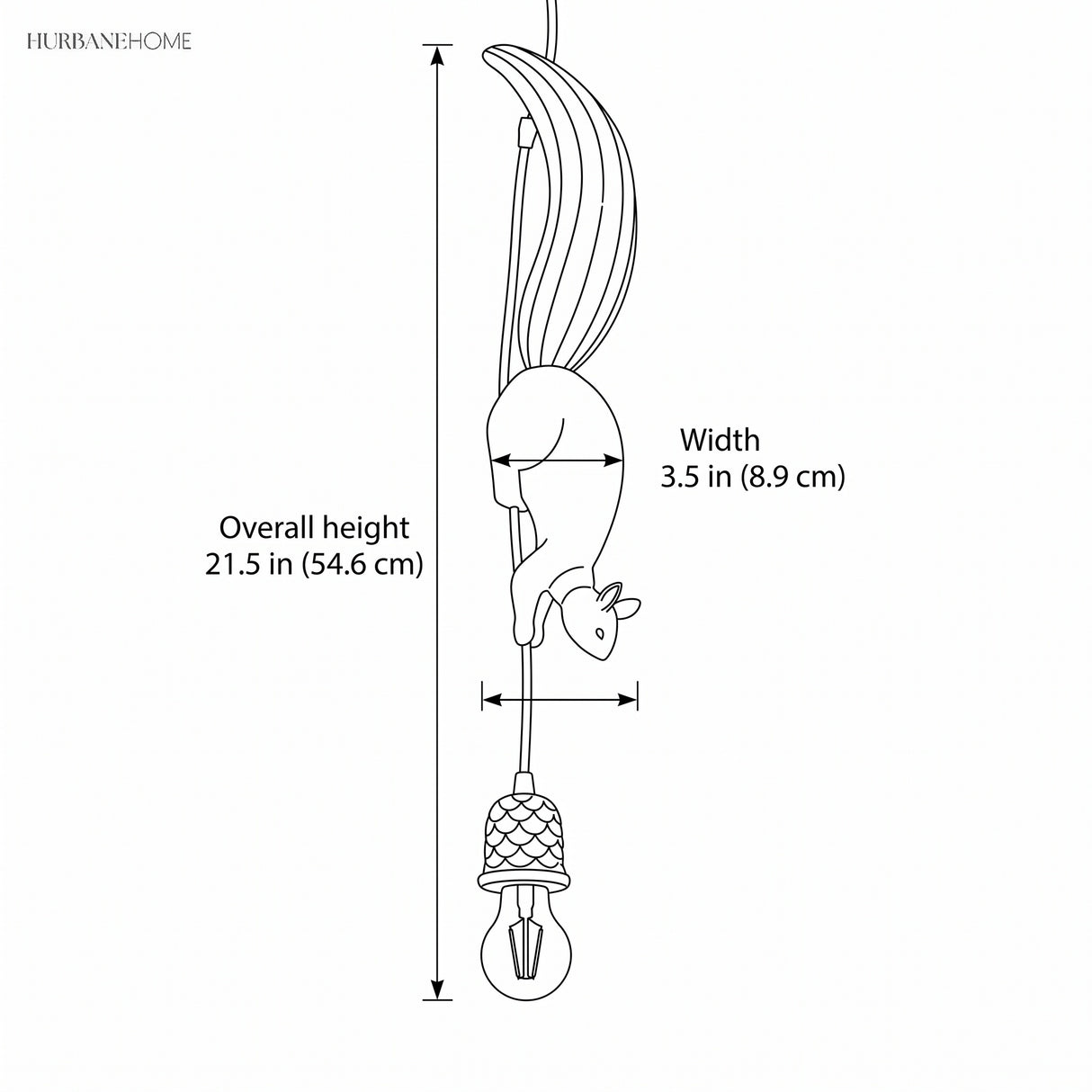 Line drawing of the pendant, 21.5 in overall height and 3.5 in wide