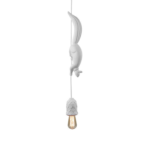 White squirrel pendant and pine cone shade on a plain background