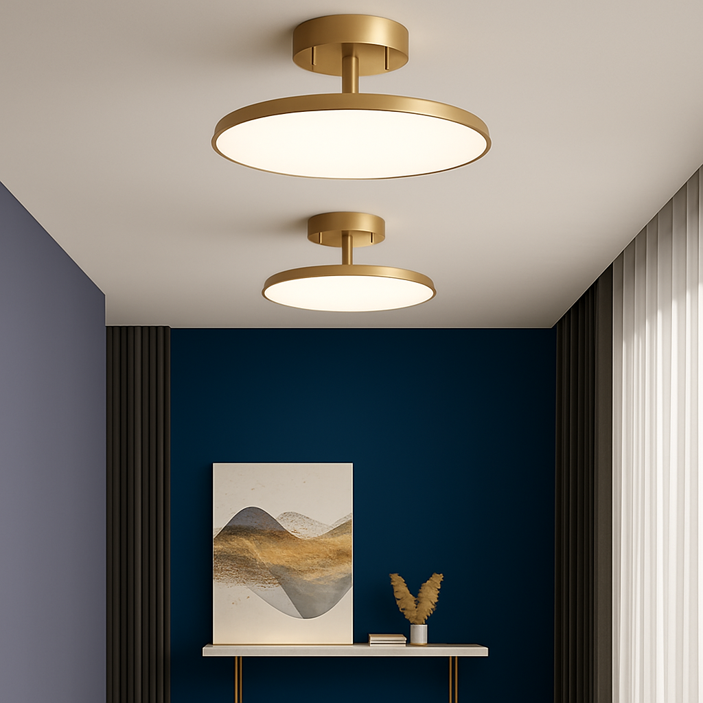 Two gold disc lights lit above a console on a blue wall