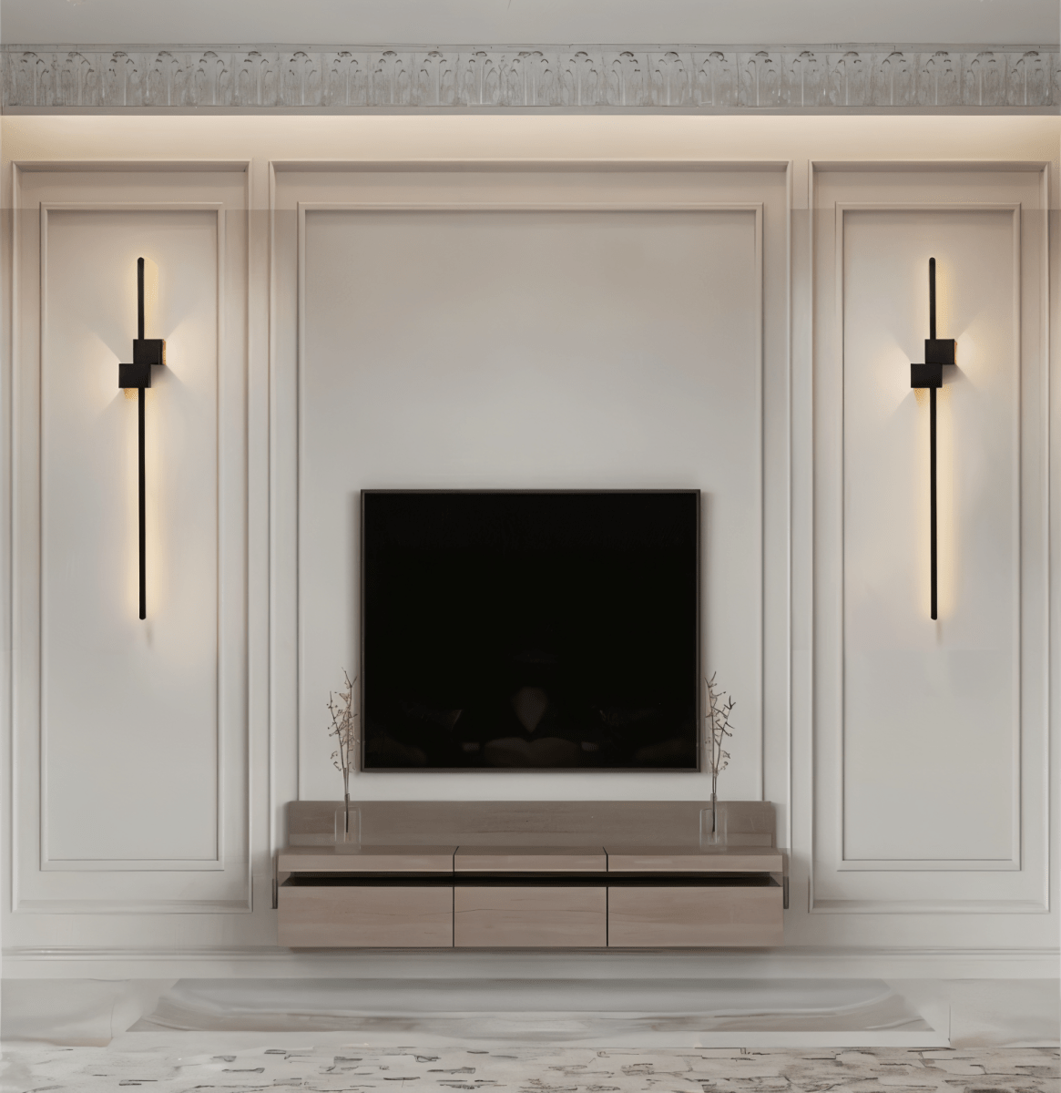 Minimalist LED wall sconce detail against a plain backdrop
