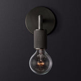 Black bare bulb sconce photographed straight on against charcoal