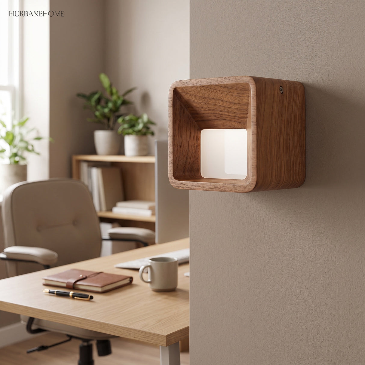Wood cube wall sconce mounted on a corner beside a desk