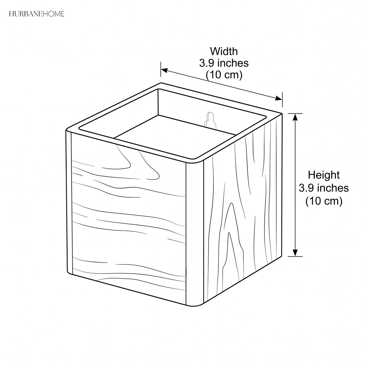 Line drawing of the wood cube sconce marked 3.9 in wide and high