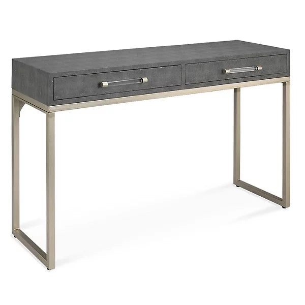 Faux shagreen top on wood console table with drawer with metal base