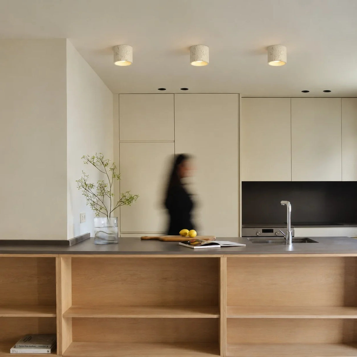 Modern cylindrical LED ceiling light with minimalist composite shade