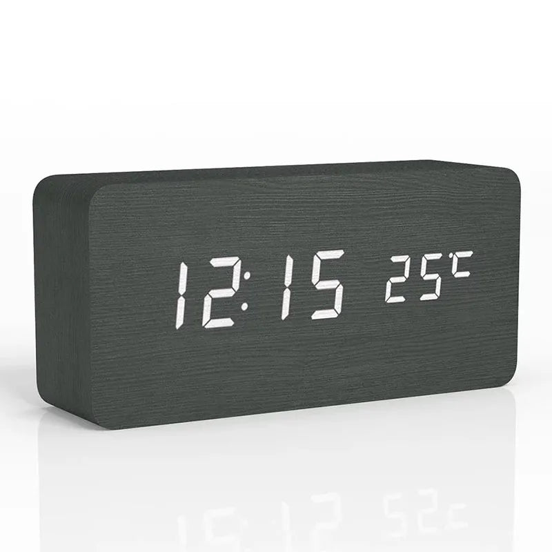 Modern digital wood clock with LED time and temperature display