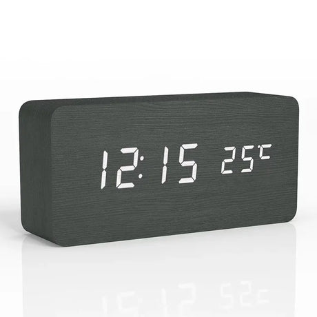 Modern digital wood clock with LED time and temperature display