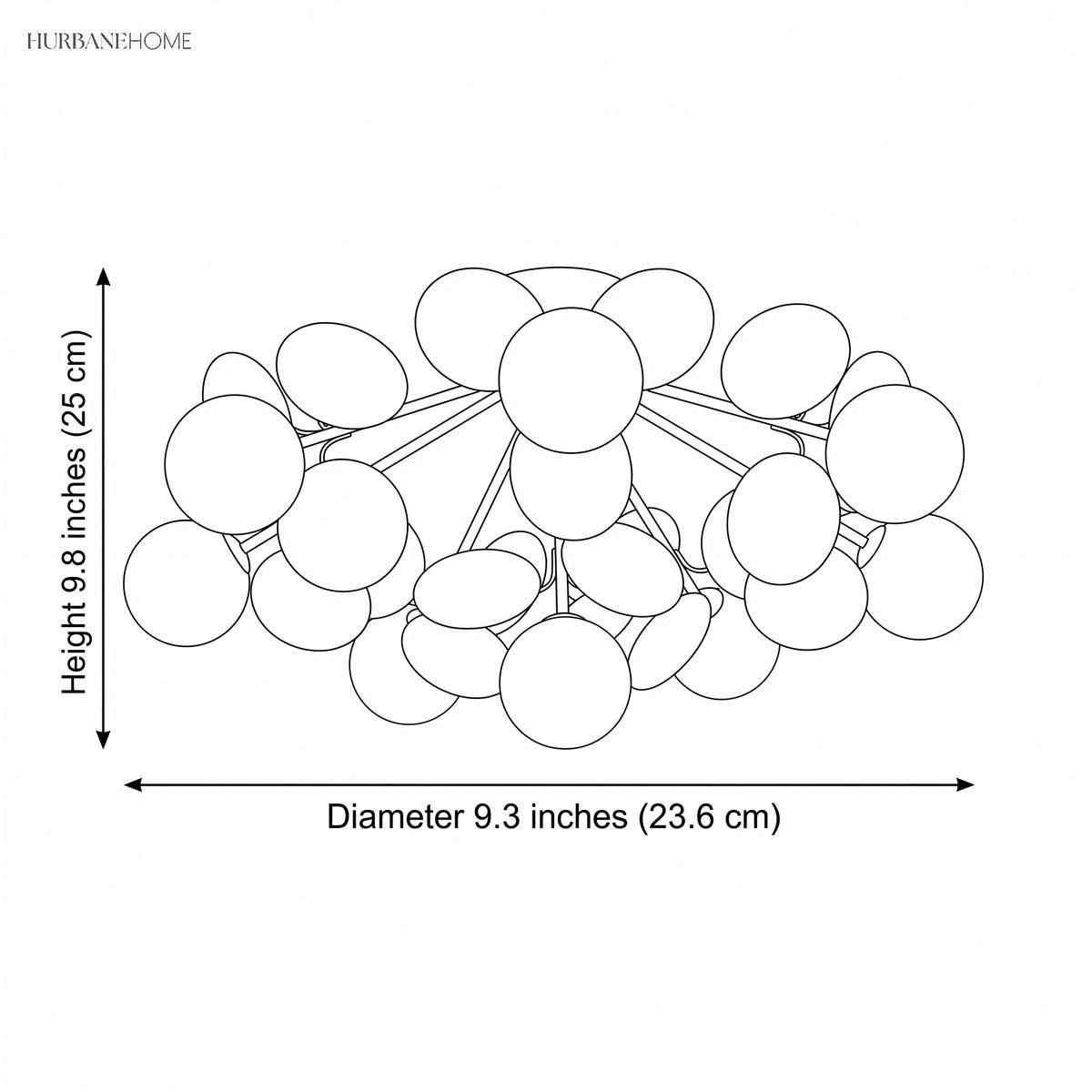 Dimension drawing of the cluster at 9.3 inches across and 9.8 inches high