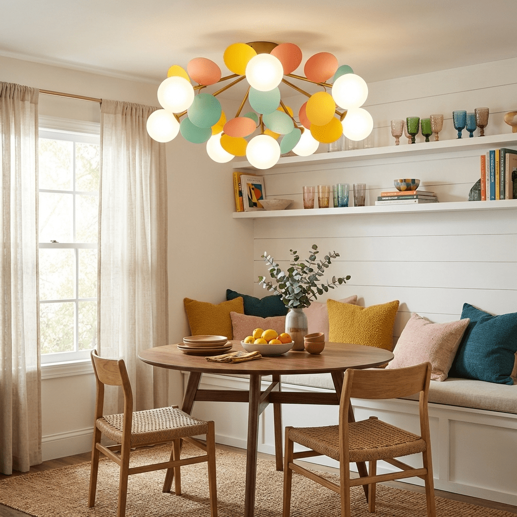 Pastel cluster ceiling light lit above a round table and shelf of glassware