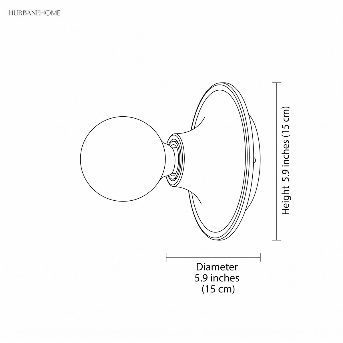 Dimension drawing of the wall sconce, 5.9 inches diameter and 5.9 inches deep