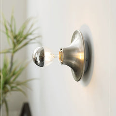 Nickel disc sconce with a mirror crown electroplated bulb beside a green plant